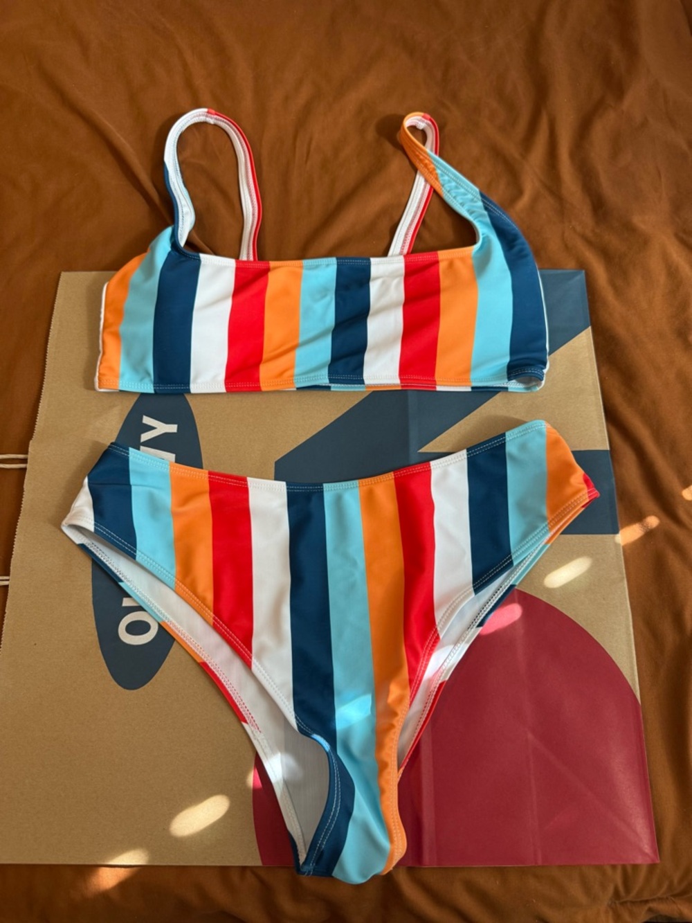 SHEIN Multicolor Striped Bikini Set - Red, Orange, Light Blue, Navy, White